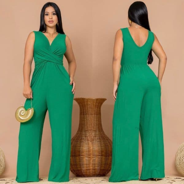 Macacão Feminino Longo Soltinho Pantalona Decote V Manga Curta Acinturado