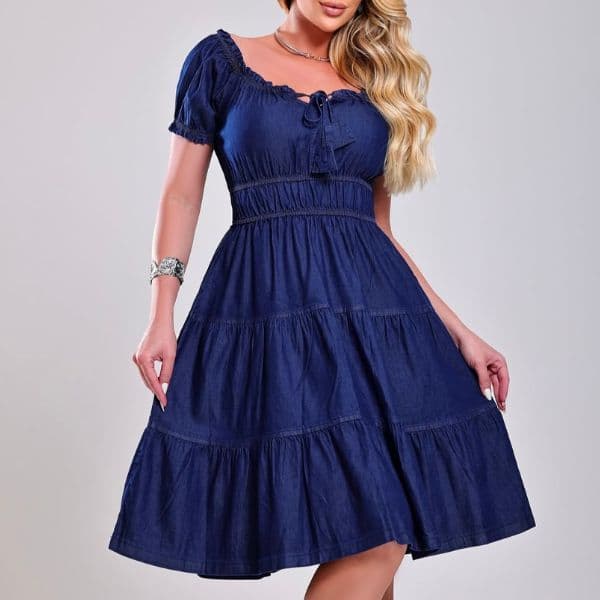 Vestido Jeans Feminino ciganinha Rodado Soltinho Lastex Moda Casual