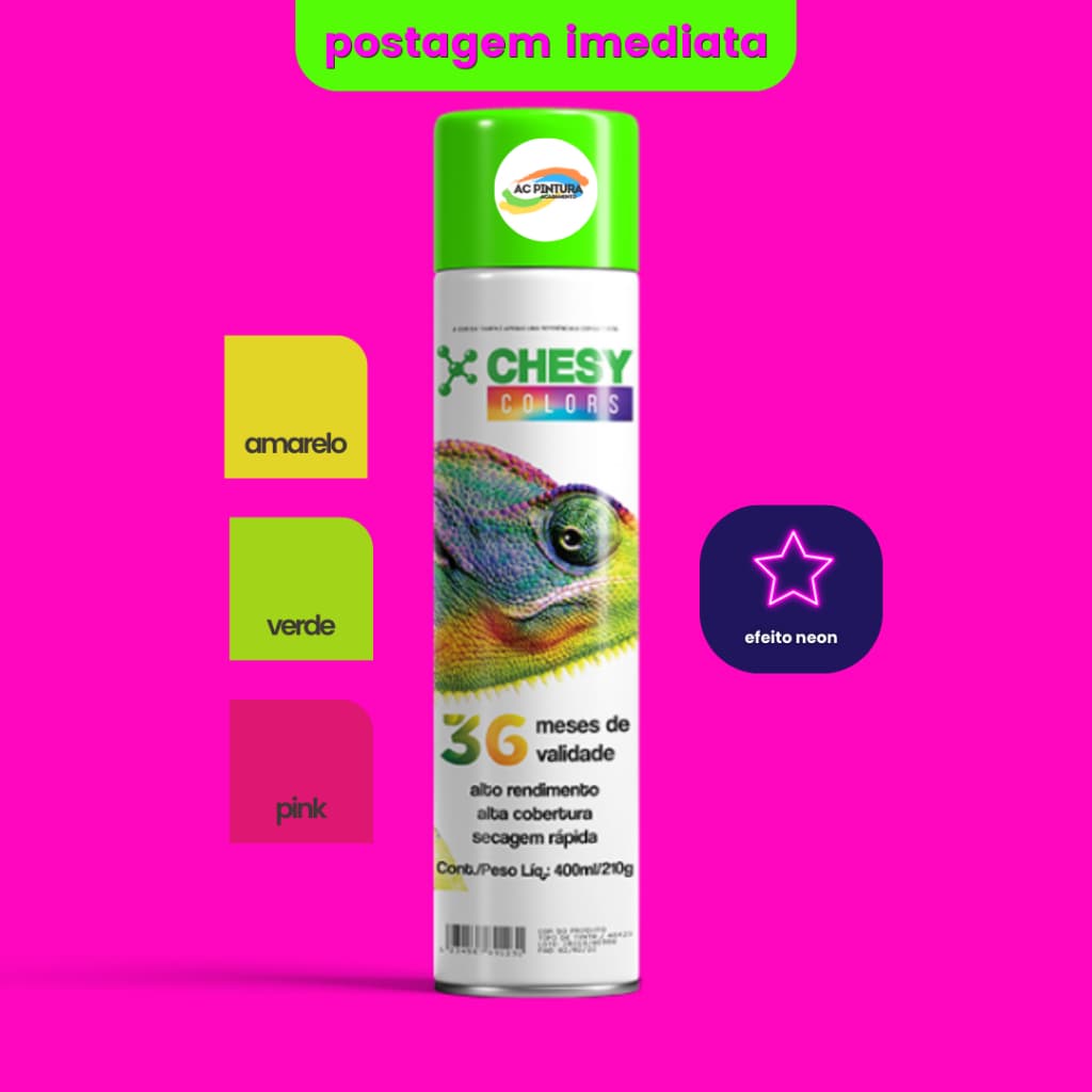 Tinta Spray Neon Chesy Color Luminosa 400ml Escolha a Cor - Rosa Pink - Verde - Amarelo