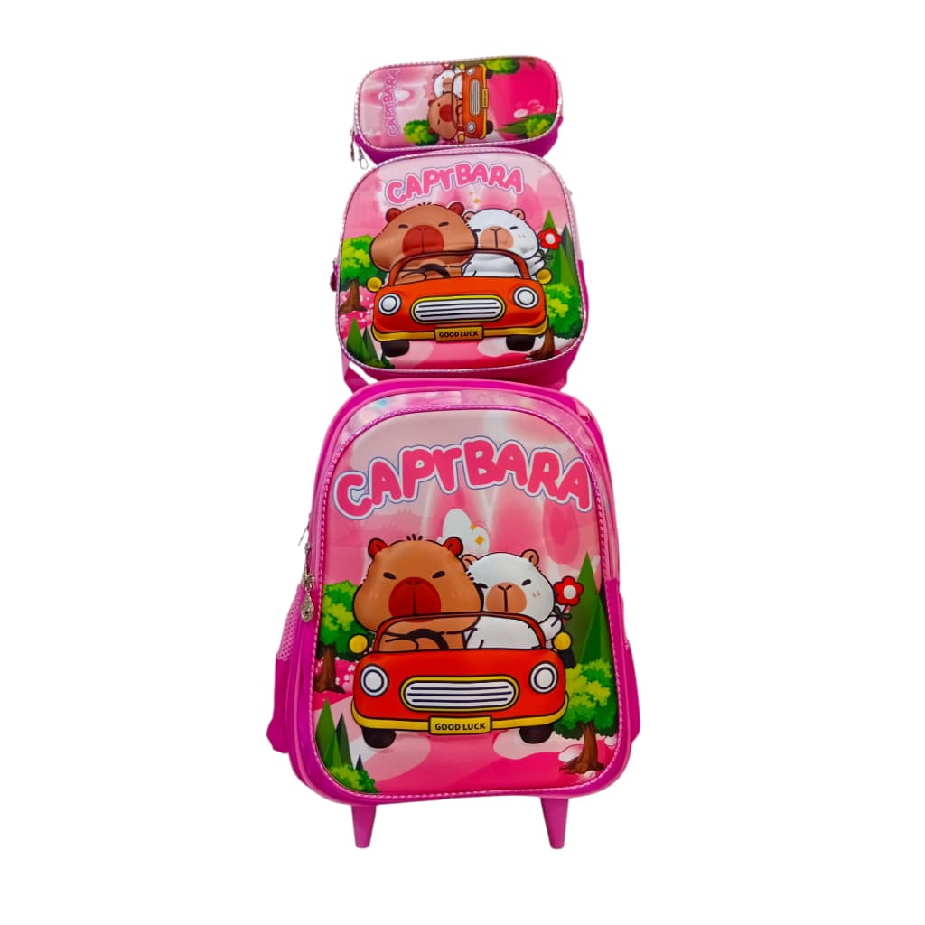 Kit Mochila Rodinha Lancheira E Estojo Escolar 3 Em 1 Infantil Capivara 3d Alto Relevo Impermeável