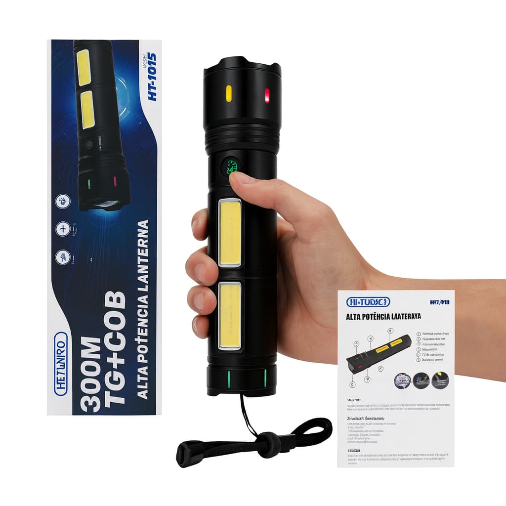 Lanterna Tática Militar Multifuncional Recarregável USB HT-1015 – Alta Potência e Versatilidade