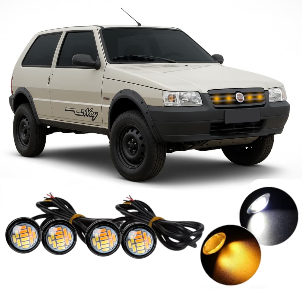 Kit 4 Led de Grade Enfeite Camionete Carro Fiat Uno Palio Celta Strada Saveiro Luzinha Amarela Frente Frontal Pingo Luz