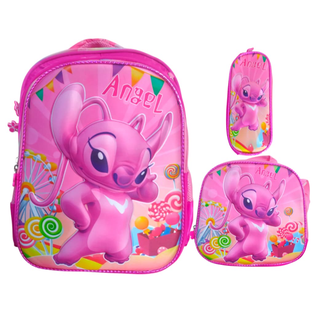 Kit Mochila Lancheira Estojo Escolar Lilo Stitch 3d Alto Relevo Impermeável