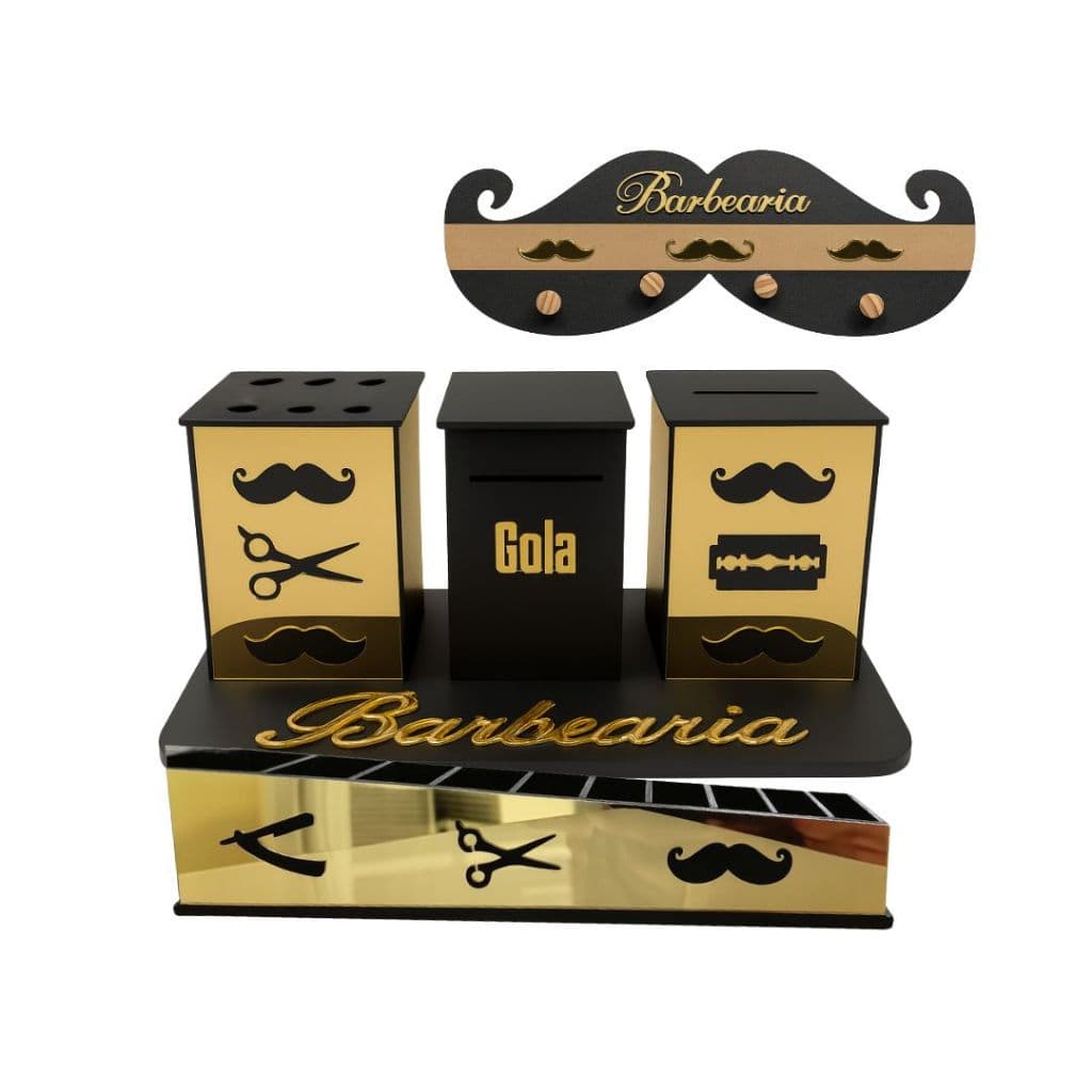 Kit Completo Bancada de Barbearia Dourado Espelhado Organizador Suporte Bigode