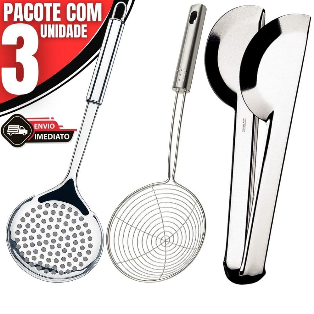 Kit 3 Utensílios de cozinha – Escumadeira Fritura, Escumadeira Inox e Pegador Universal