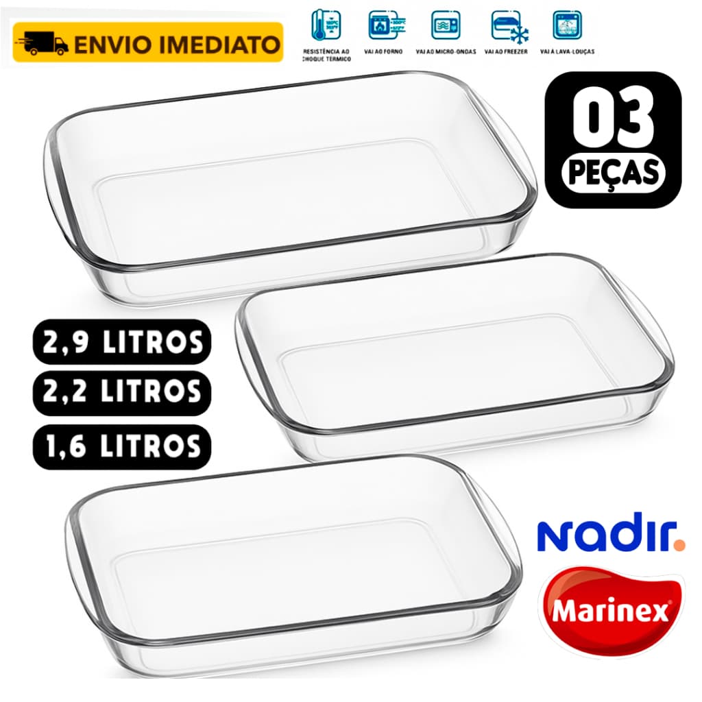 CONJUNTO 3 Assadeiras Retangulares Vidro Temperado - Marinex Celebrity PMG Transparente