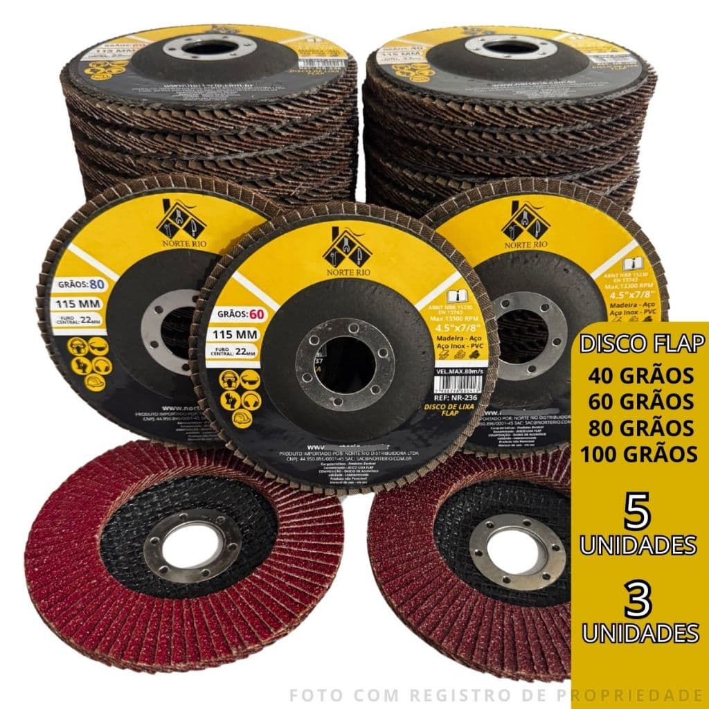 Disco de Lixa Flap 115x4.4/2" 40 até 100 grãos 5 ou 3 unidades Disco de Lixa