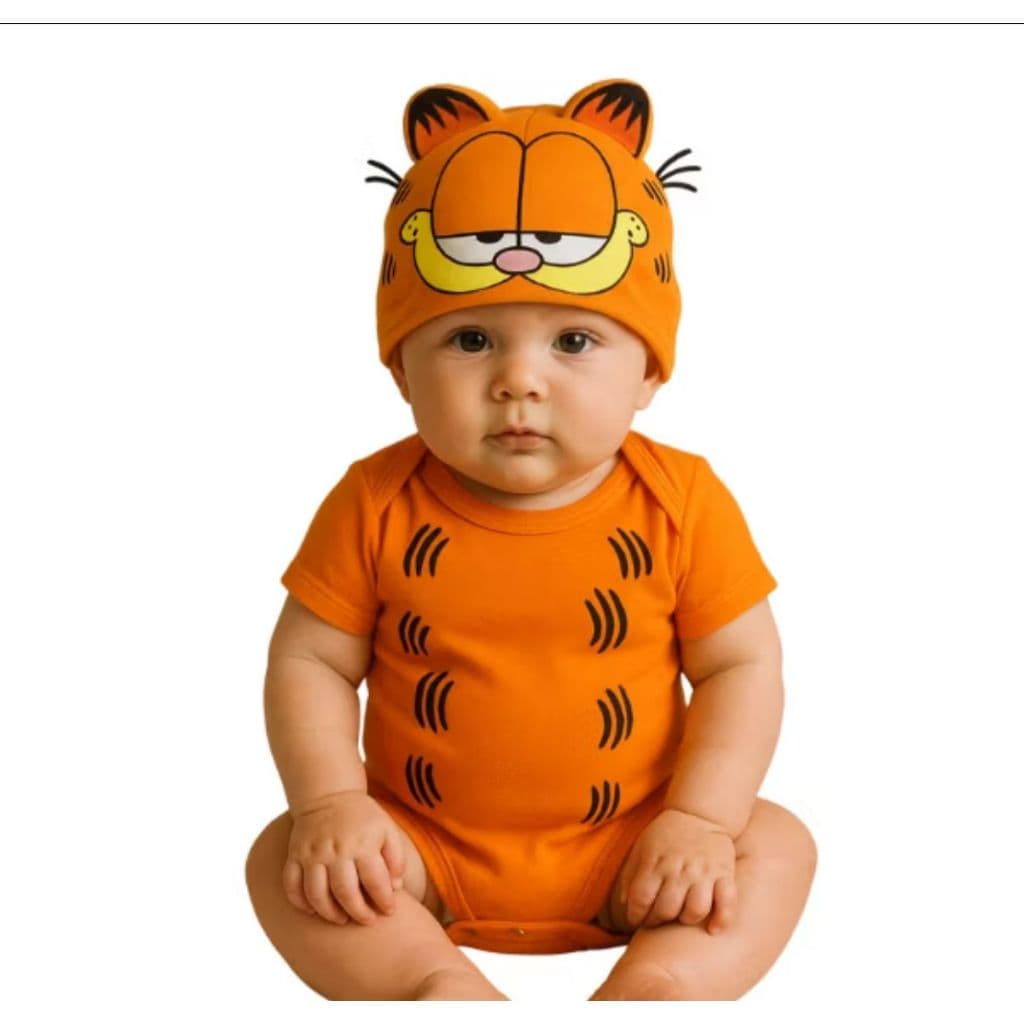Body Bebe Garfield Body + Touca Bori Temático Gato Mesversario Infantil