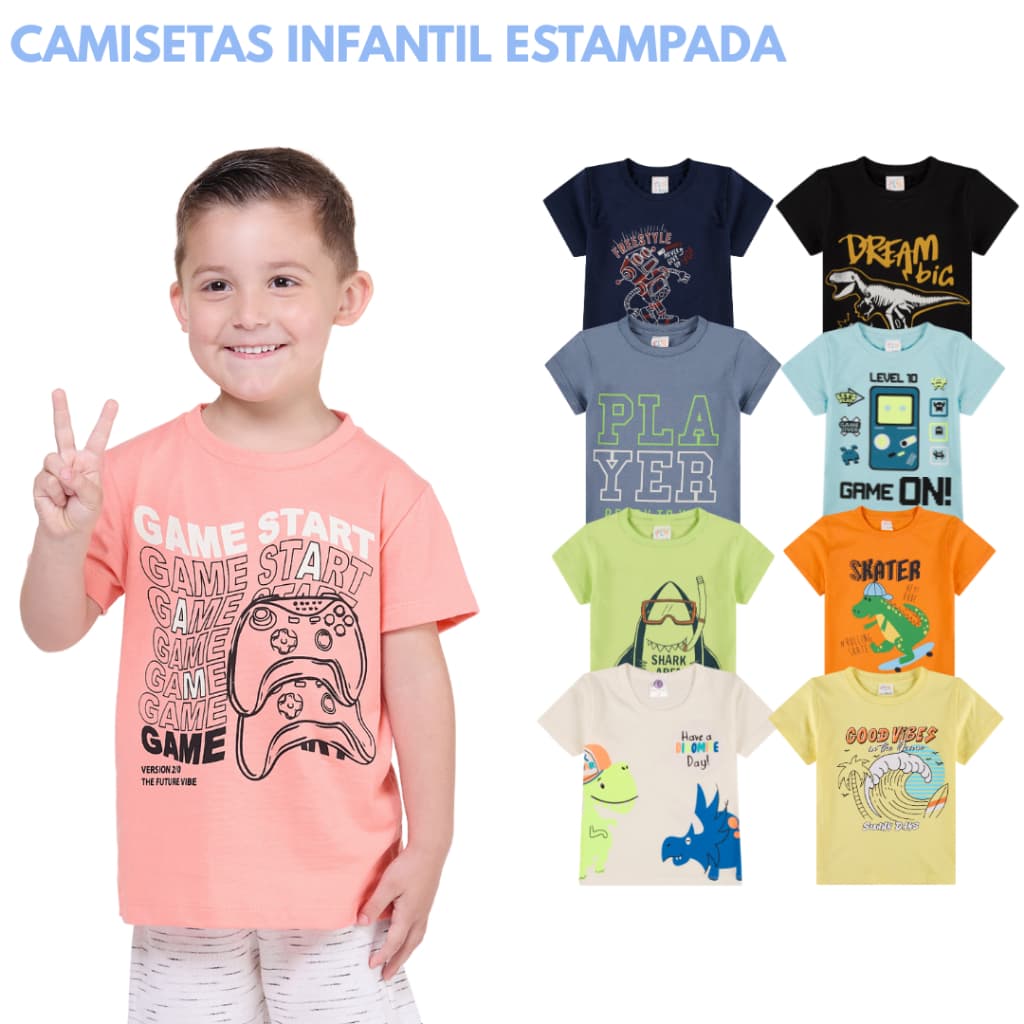 Kit 6 Camisetas em Meia malha Premium Estampada Infantil Menino Manga Curta 2 ao 8 anos