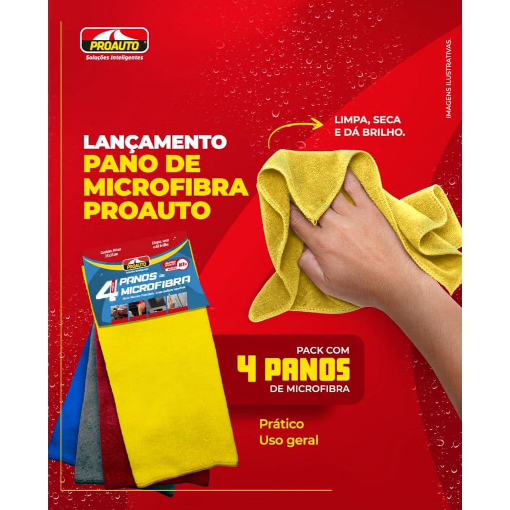 Kit 4 Panos microfibra Proauto – Automóveis – Multiuso – Microfibra Alta Absorção 10× – Multicolor