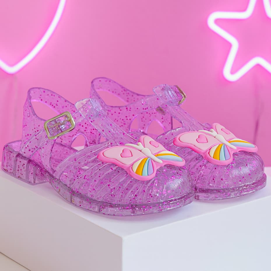 Sandália Menina Infantil Kids Borboletinha Com Glitter Papete Antiderrapante