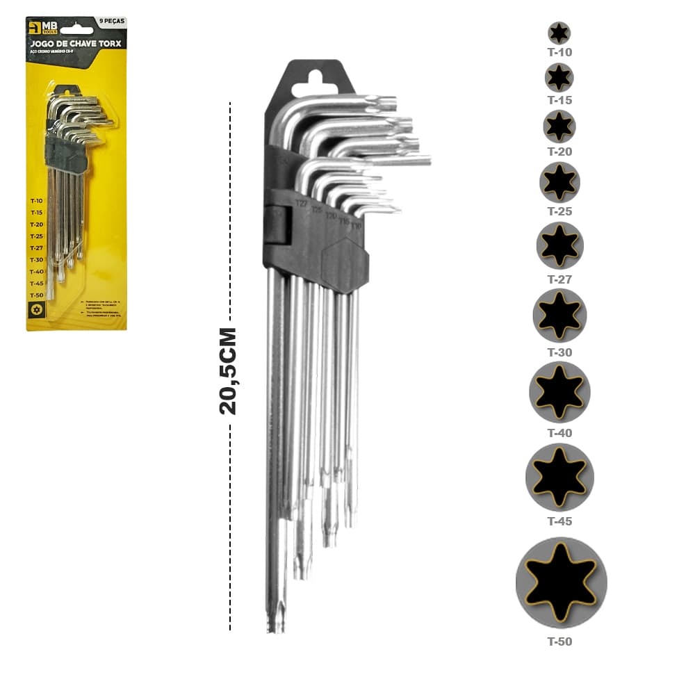 Jogo de Chave TORX de aço + Suporte plástico 9 peças MB Tools