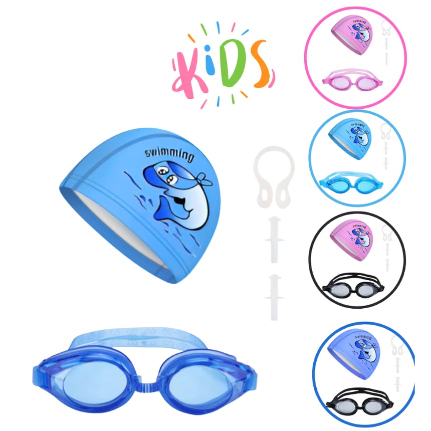 Kit de Natação Infantil Óculos Touca PU com Protetor Nasal e Auricular Kids
