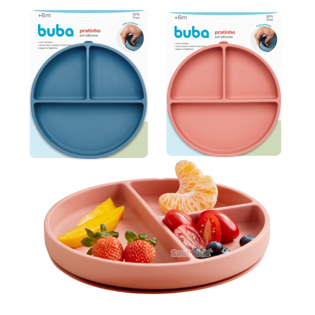 Pratinho para Bebê com Ventosa e Divisória de Silicone Buba para Menino e Menina Introdução Alimentar Prato Infantil