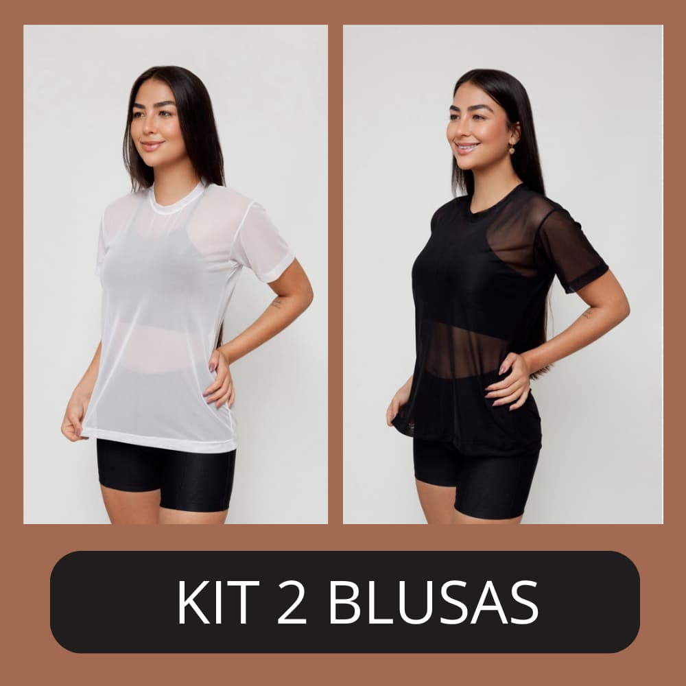 Promoção Kit 2 Blusa Feminina de Tule Transparente com Manga Roupa de academia Moda fitness
