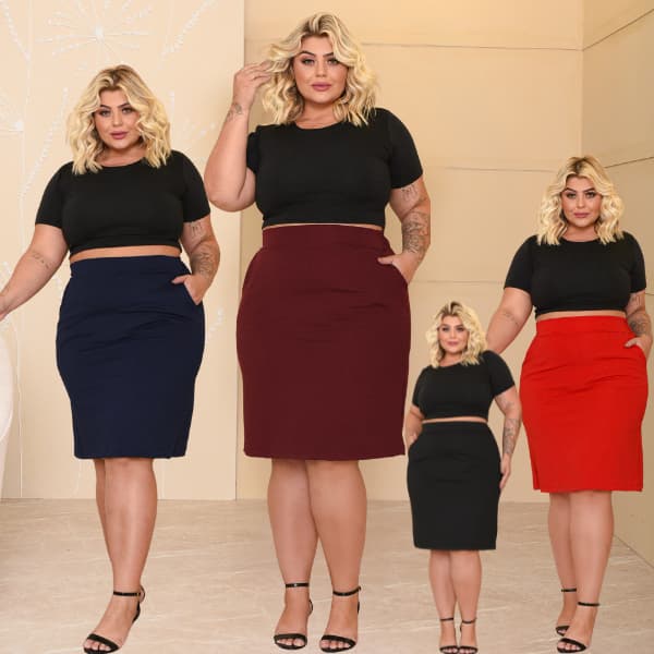 Saia Plus Size Confortável Com Fenda Mídi Justa Cintura Alta Lápis Formal