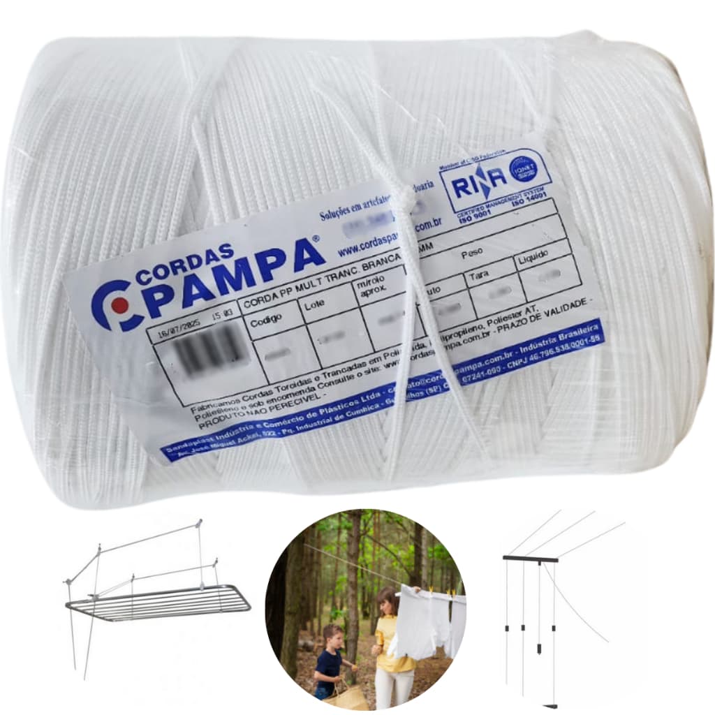 Corda 3mm Trançada Carretel 960 Metros Resistente em Polipropileno Alta Qualidade ISO 9001