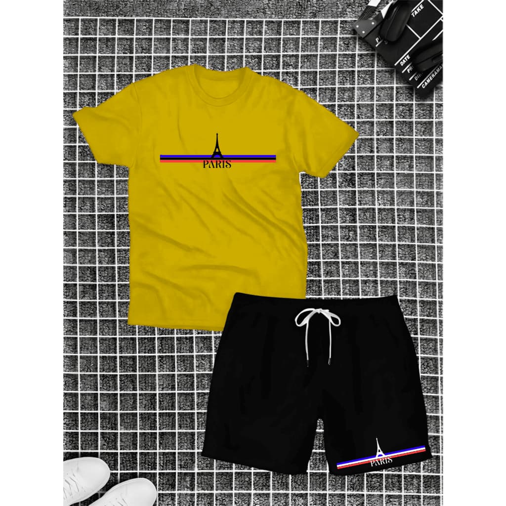 Conjunto Kit Masculino Camisa Camiseta Bermuda Shorts Tactel Paris 3 Faixas