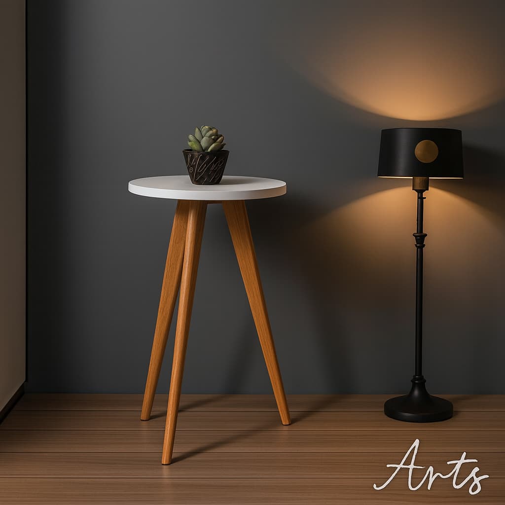 Mesa Lateral Redonda Tripé em Madeira e MDF – Design Moderno para Sala ou Quarto – Pai Arts