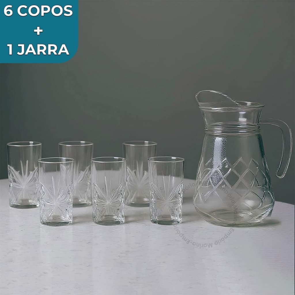 Kit 7 Peças 6 Copos 250ml + Jarra 1L Vidro Rozana Para Água Suco Bico Chá Drinks Transparente Luxo