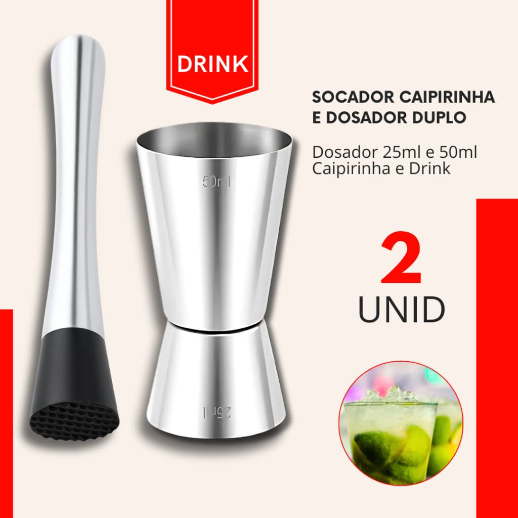 Kit Macerador de Caipirinha e Dosador Duplo Inox Socador Drinks Coqueteis Bebidas Bar Restaurante