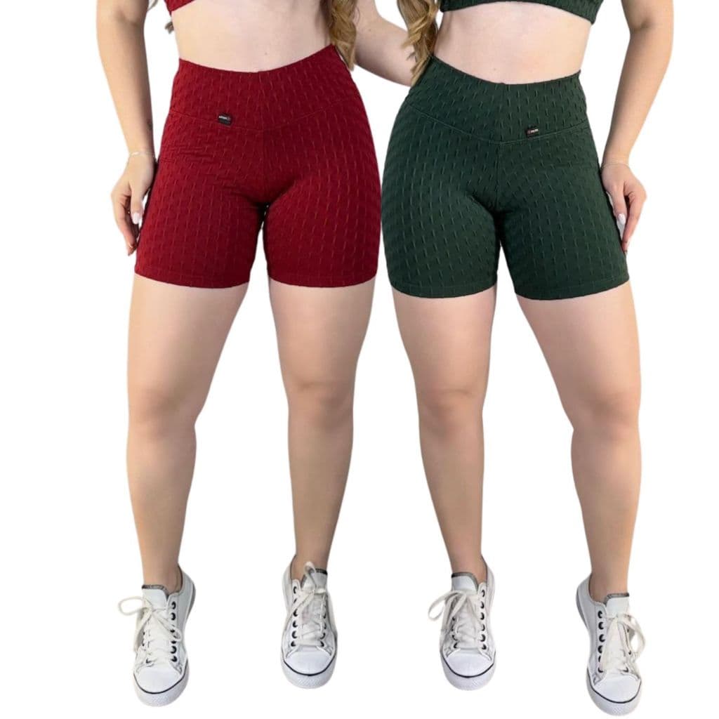 Kit 2 Short Legging De Academia Feminino Jaquard Bolha Brocada Cos Alto Zero Transparência