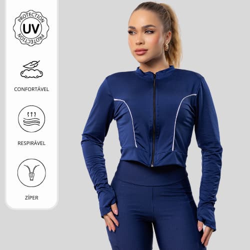 Jaqueta Cropped Manga Longa Proteção UV Sports Casaco Treino