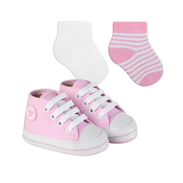 Tênis rosa para bebê com dois pares de meia Win Kids, tênis baby infantil rosa sapatinho