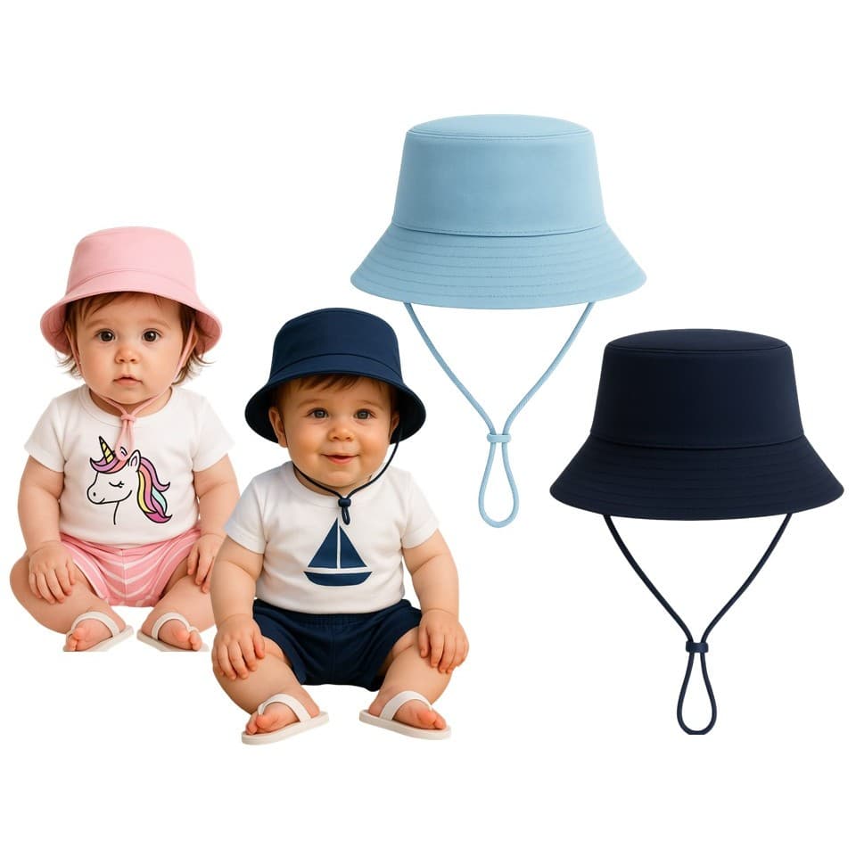 KIT 2 CHAPÉU BUCKET BEBÊ INFANTIL  COM CORDINHA E REGULADOR PRAIA BONÉ PROTEÇÃO SOLAR UNISSEX