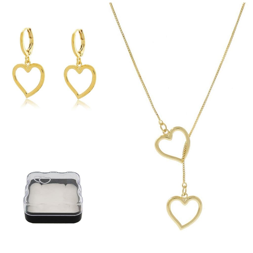 Conjunto Brinco e Gargantilha Delicada Coração Estilo Gravata Folheado A Ouro