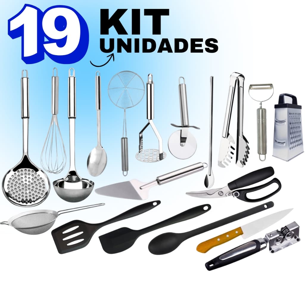 Kit 19 Peças de Utensílios de Cozinha em Inox e Silicone Talheres Escumadeira