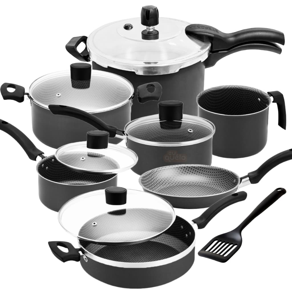 Mega Kit de Panelas Antiaderente Alegrete 8p c/ Frigideira Extra Grande + Canecos + Pressão 4,5L