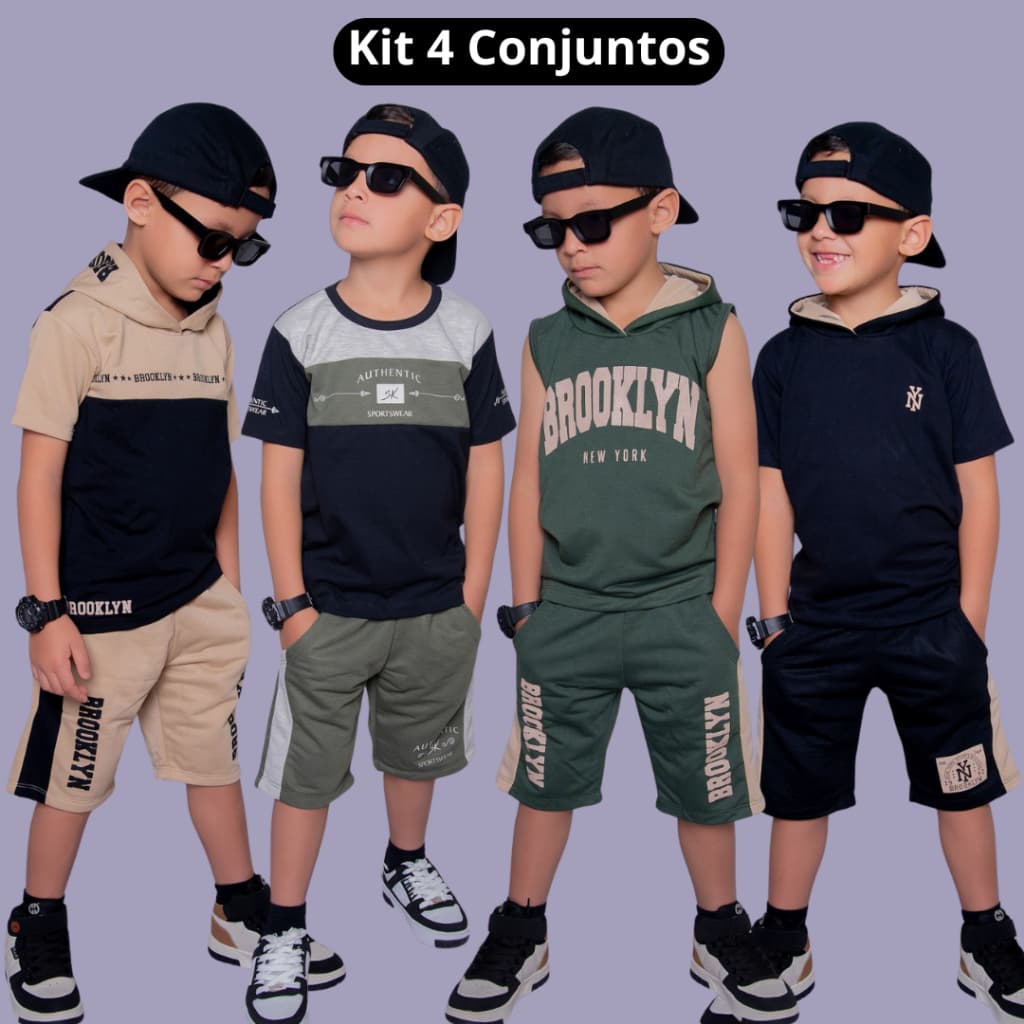 Kit 4 Conjuntos Masculino Infantil Juvenil Roupa de Menino Blusa + Bermuda Veste do 2 ao 14 anos