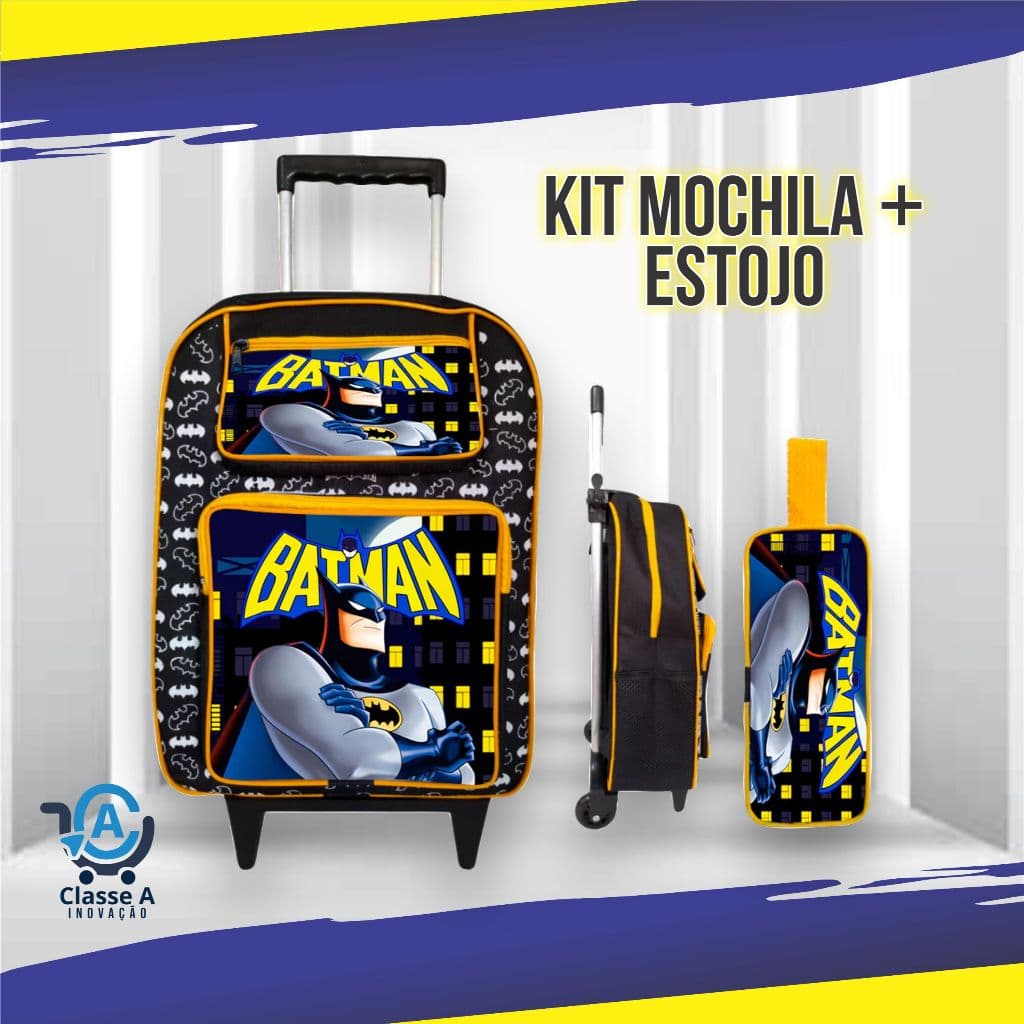 Kit Escolar Mochila Rodinha e Estojo Infantil Masculino Menino Personagem Batman Naruto Hot Wheels Patrulha Mickey Sonic