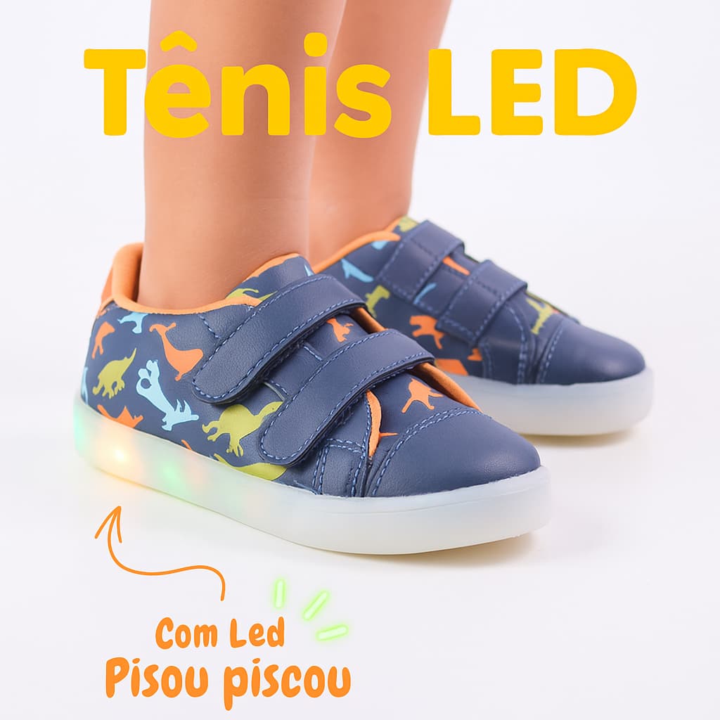 Tênis Infantil Dinossauro LUZ LED Brilhante Menino Confortável Antiderrapante Estiloso Moda Promoção