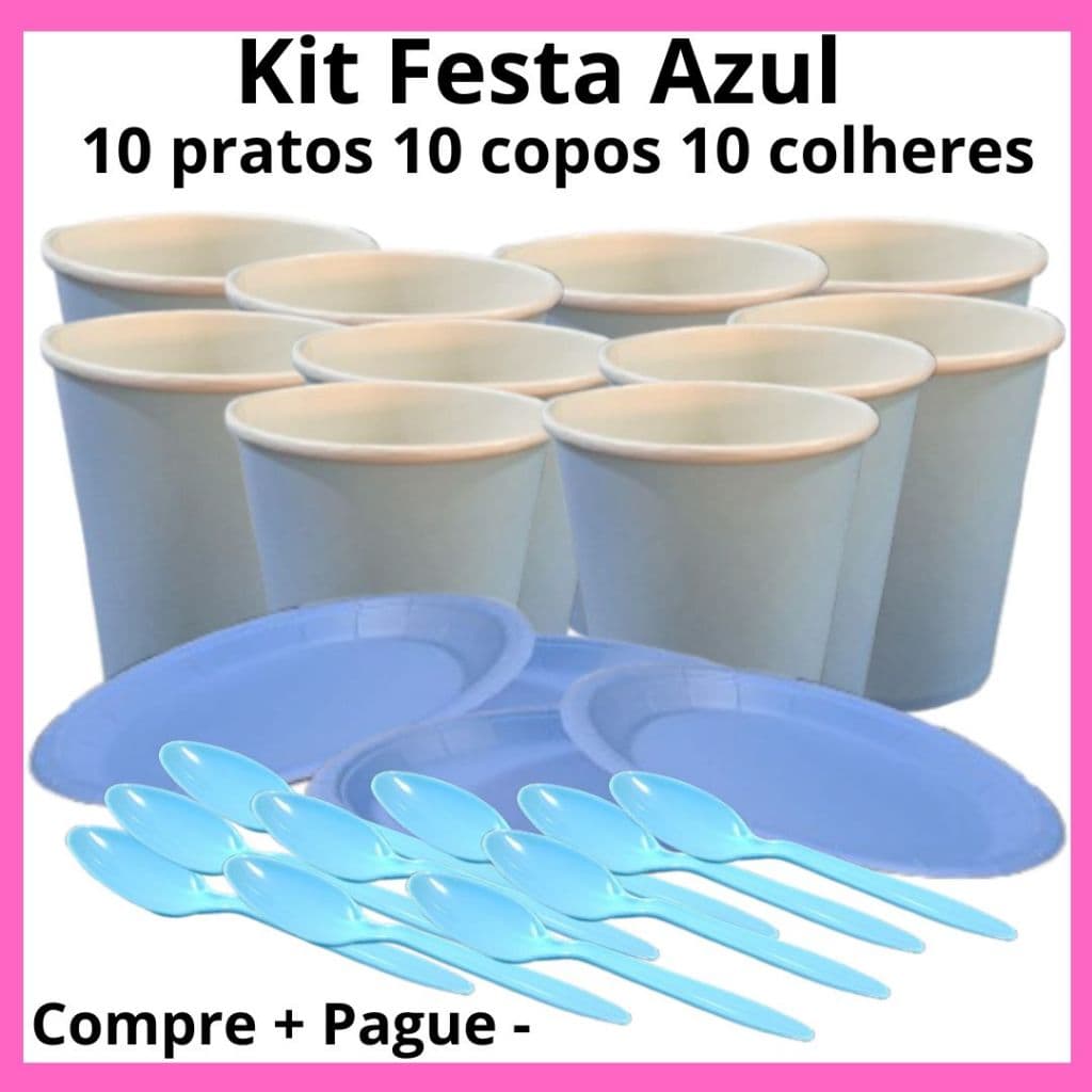 Kit Festa Completo de Aniversário Descartáveis 10 Pratos 10 Copos de Papel 10 Colheres de Plástico