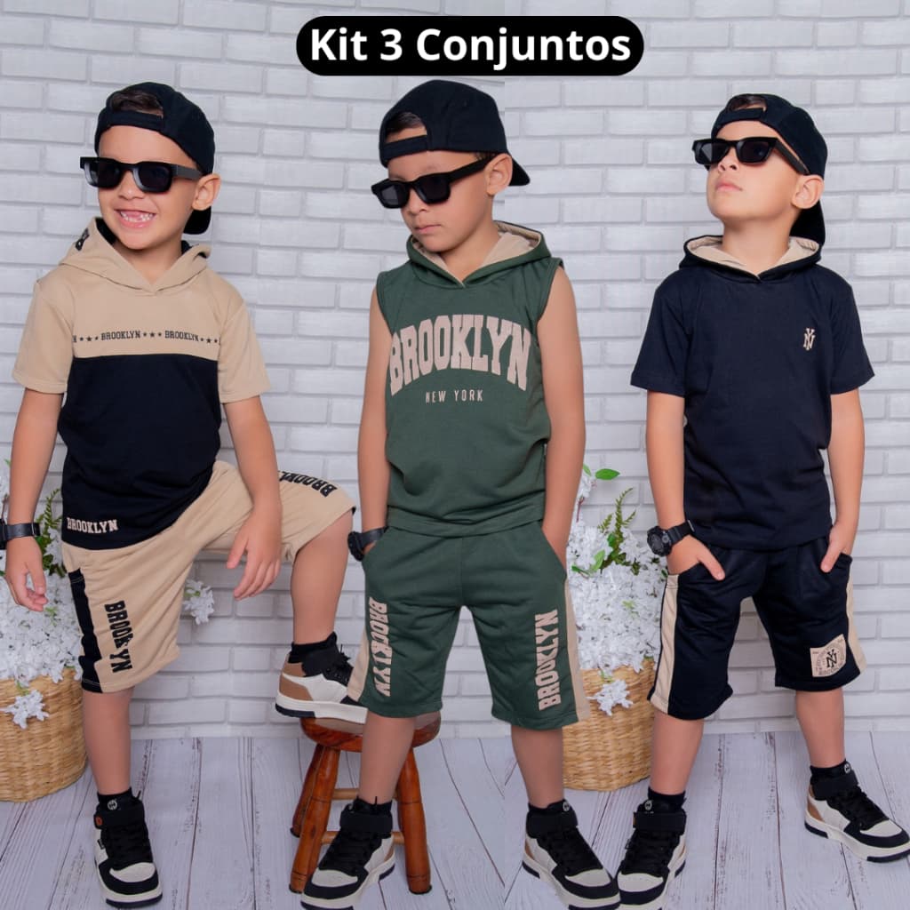 Kit com 3 Conjuntos Infantil Juvenil Roupa de Menino Blusa 100% Algodão + Bermuda do 2 ao 14 anos