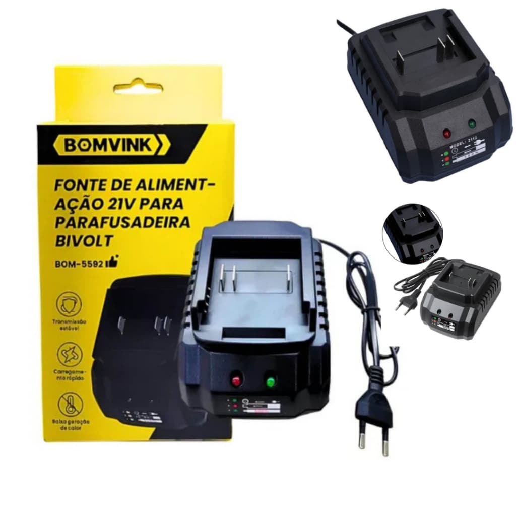 Carregador Universal Fonte 21V para Bateria Inteligente para Parafusadeira Bivolt Com Proteção Térmica