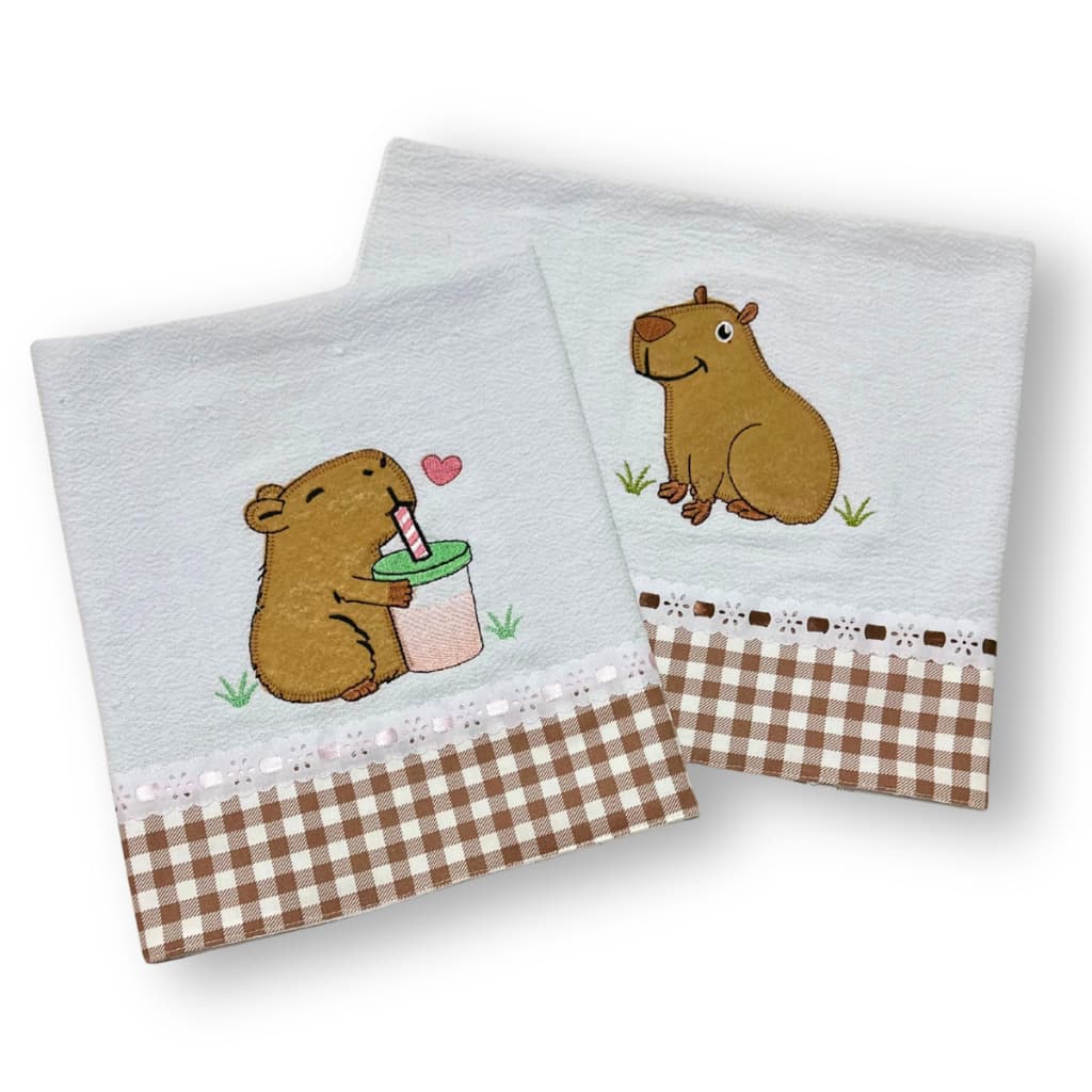 Kit 2 Panos de Prato / Guardanapos de Cozinha – Bordado Capivara Decorativo