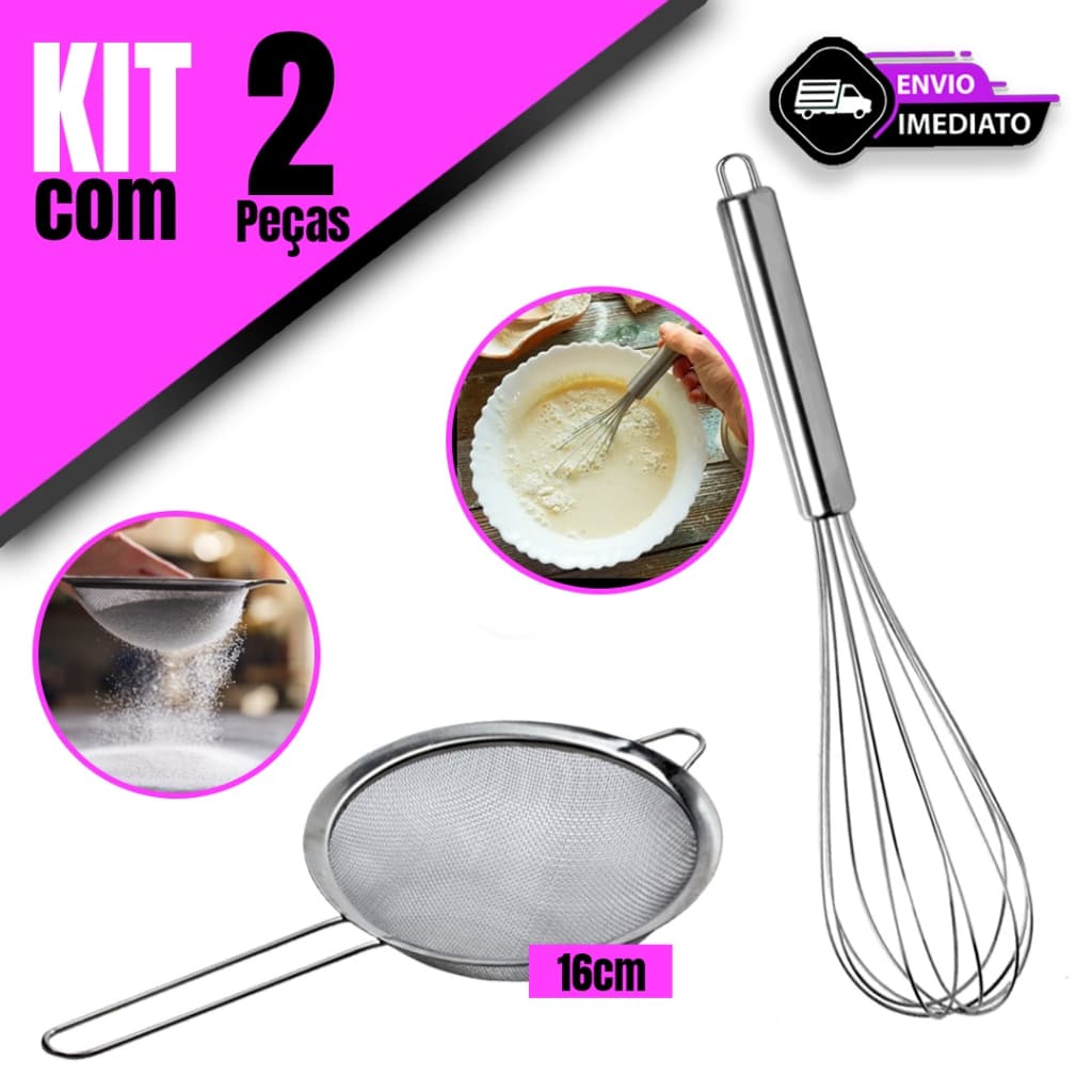 Kit Fuê Aço Inox + Peneira 16cm Aço Inox para Sua Cozinha Confeitaria Restaurante