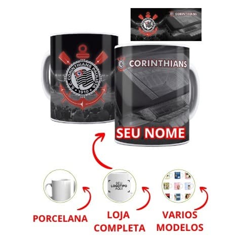 Caneca de Porcelana Corinthians 325ml Personalizada com Seu Nome – Escudo Oficial e Arena