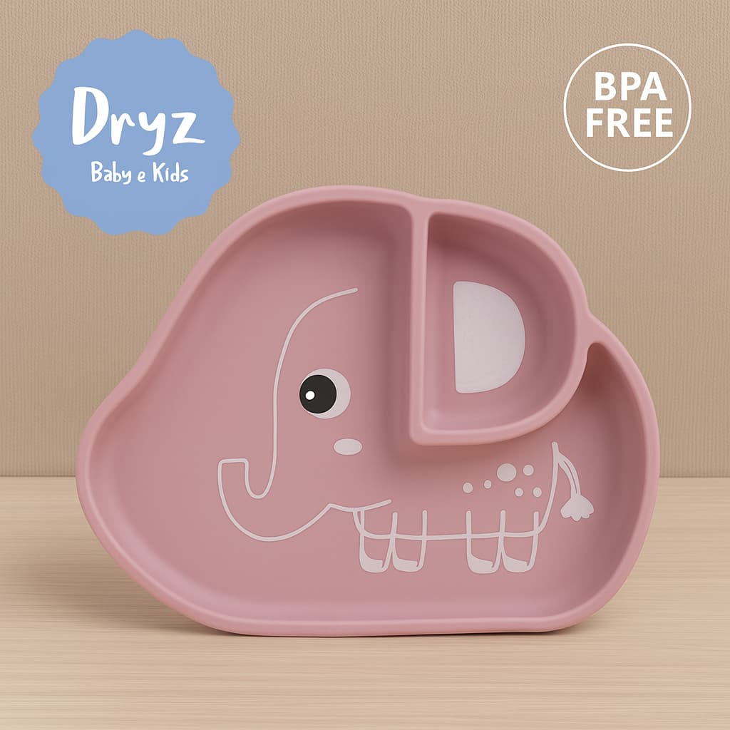 Prato Infantil Silicone com Ventosa Divisória Elefante Antiderrapante Bebê BLW Introdução Alimentar Dryz