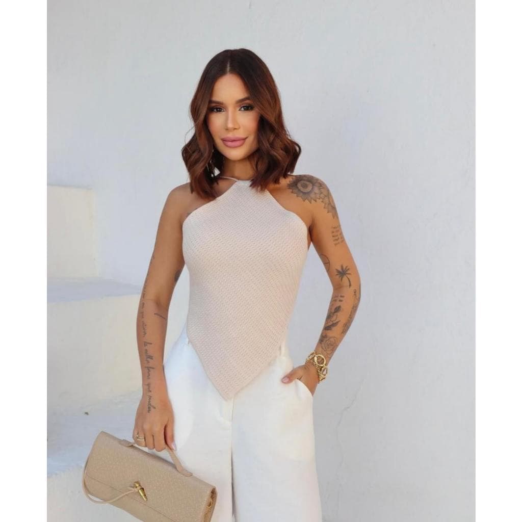 Top Frente Única Tricot Tipo Lenço Cropped Feminino Liso Amarração nas Costas Bico Moda Tricô Crochê