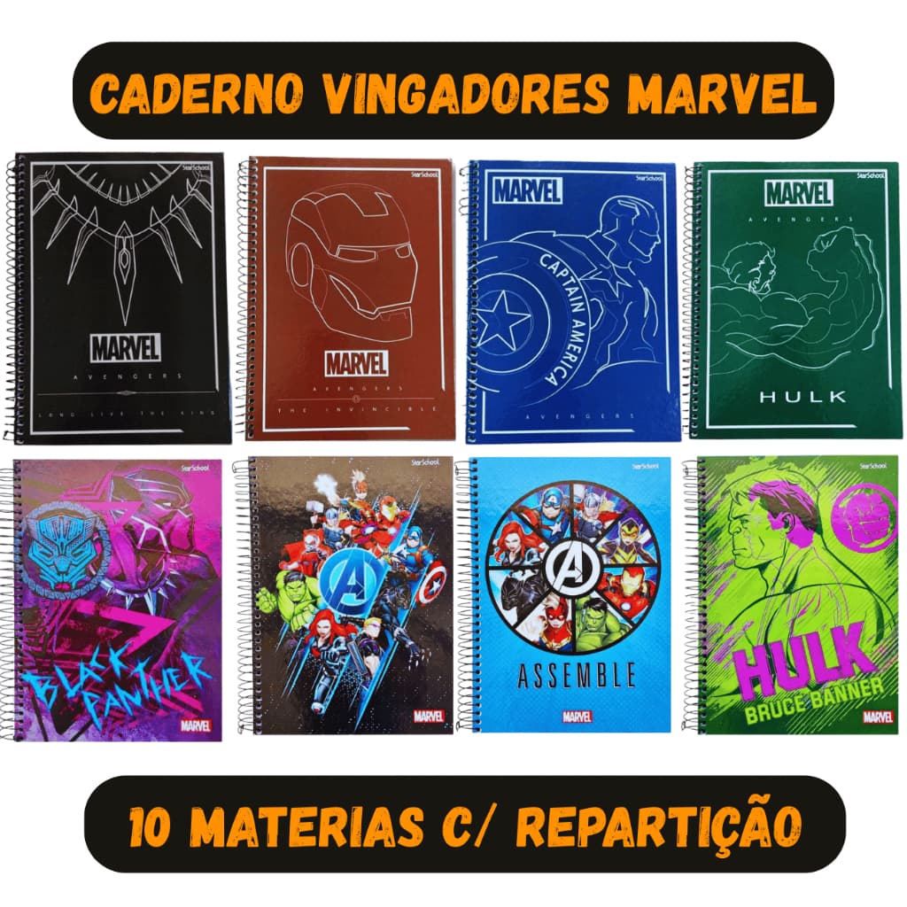 Caderno 10 Matérias Avengers Vingadores 160 Folhas Capa Dura Hulk Pantera Negra Escolar Espiral