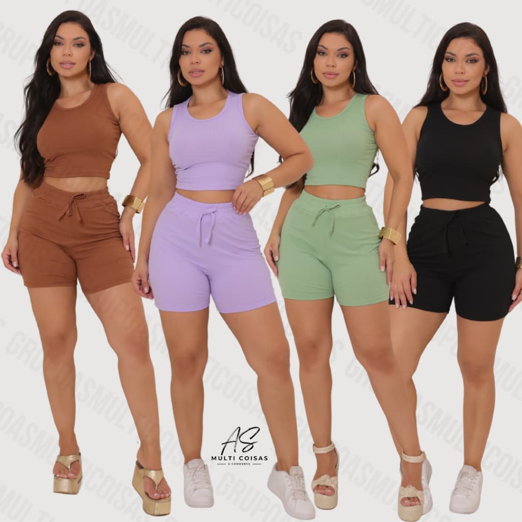 CONJUNTO FEMININO SHORT + REGATA CROPPED EM MALHA CANELADA BASICO USO DIARIO QUALIDADE PREMIUM