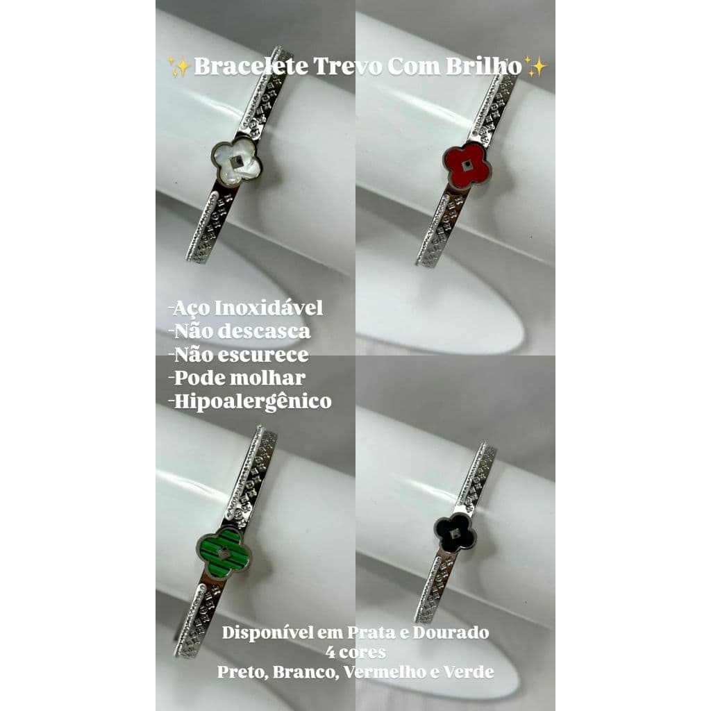 Bracelete Pulseira Trevo de Quatro folhas com Strass Aço Inoxidável Prata ou Dourado