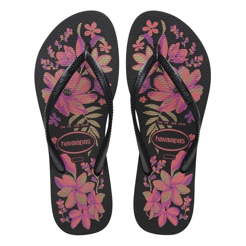 Chinelo Havaianas Slim Organic Sandália Original Preto Cinza Ouro Flores