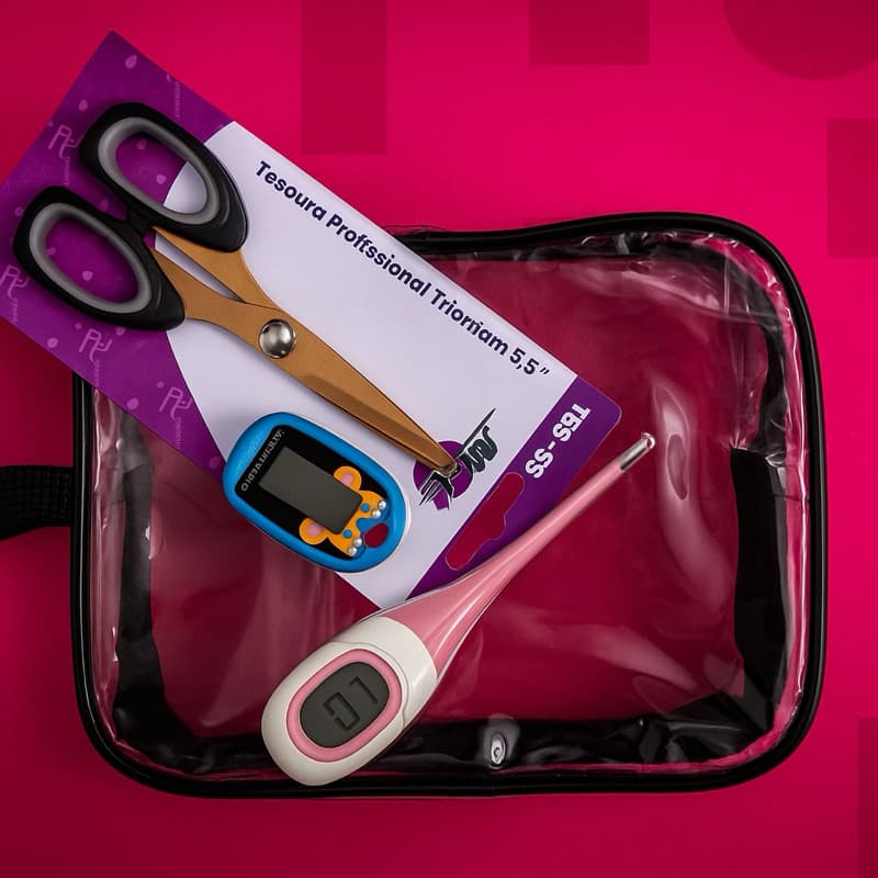 kit sinaisvitais contém termômetro digital rápido,oxímetro de pulso infantil,tesoura profissional uma bolsa transparente