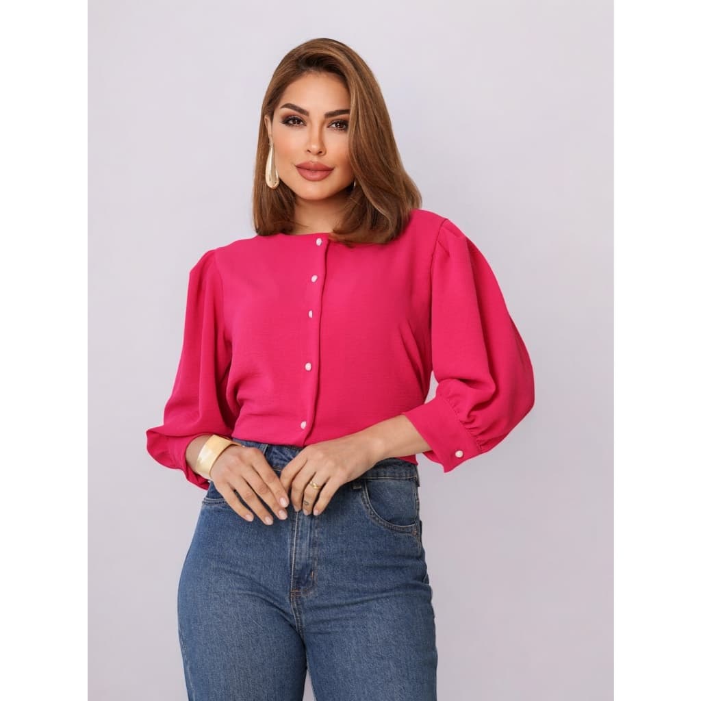 L.L.MODAS FEMININA  camisa feminina manga 3/4 com botao abrir tecido duna