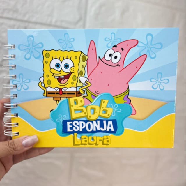 Livro de Colorir Bob Esponja Capa Dura Personalizada Com Nome Folhas 180g Artesanal